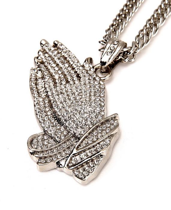 Silver Praying Hands Hip-Hop Bling Necklace
