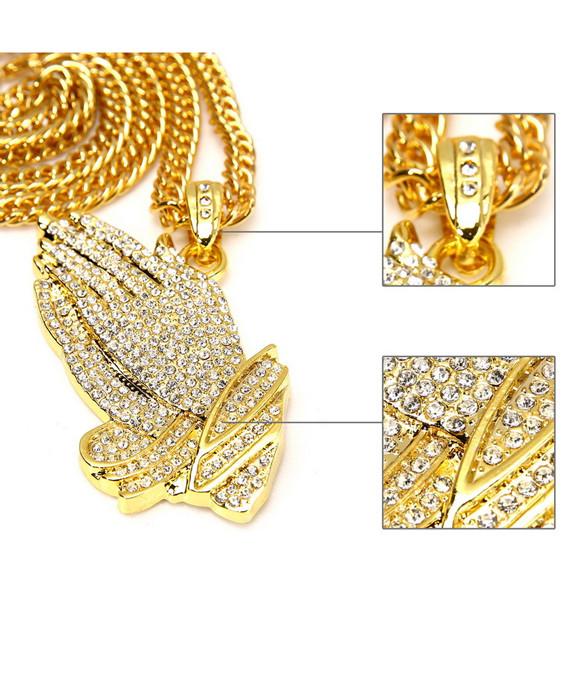 Silver Praying Hands Hip-Hop Bling Necklace
