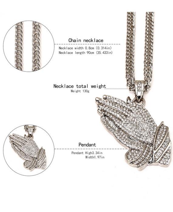 Silver Praying Hands Hip-Hop Bling Necklace