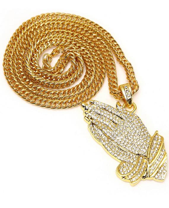Silver Praying Hands Hip-Hop Bling Necklace