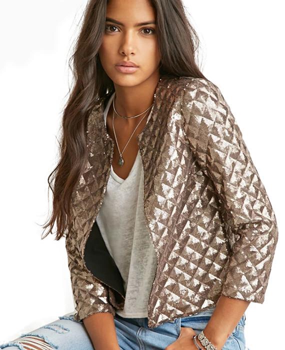 Spring Gold Sequins Jackets Three Quater Sleeve Coats