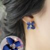 Blue Flower Ladies Gold Plated Rhinestone Earrings