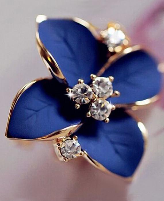 Blue Flower Ladies Gold Plated Rhinestone Earrings