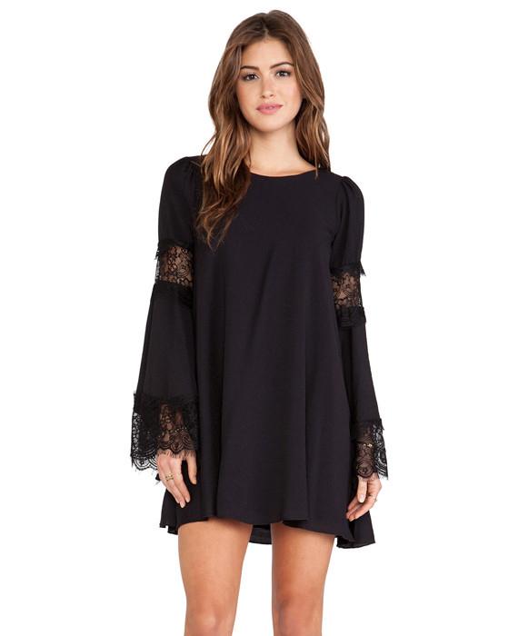 Straight Dresses Long Flare Sleeve with Hollow Lace Dress