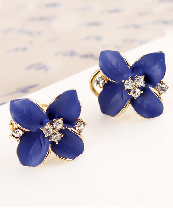 Blue Flower Ladies Gold Plated Rhinestone Earrings