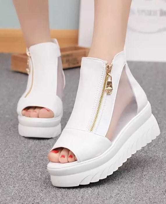 Sexy Peep Toe Wedge Mesh Thick Heels Sandals White
