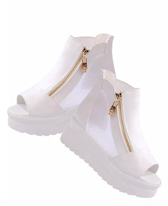 Sexy Peep Toe Wedge Mesh Thick Heels Sandals White