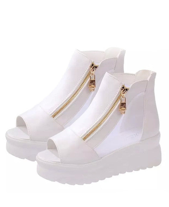 Sexy Peep Toe Wedge Mesh Thick Heels Sandals White