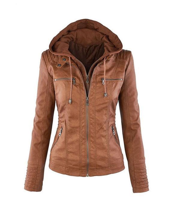 Women hooded faux leather jacket