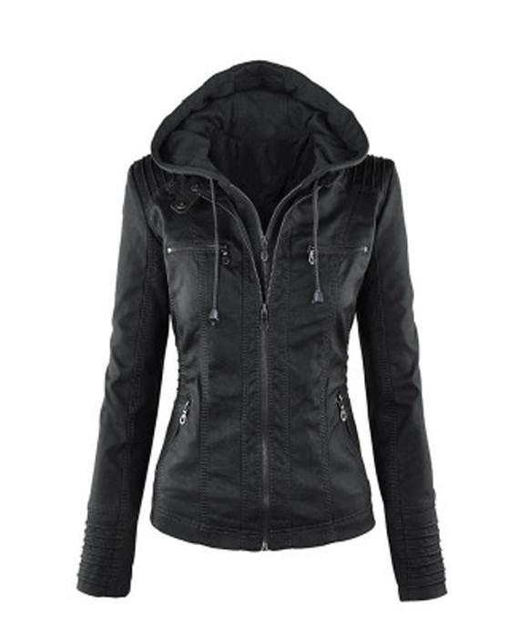 Women hooded faux leather jacket