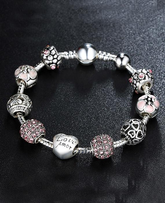 Silver Charm Bangle & Bracelet with Love and Flower Crystal Ball