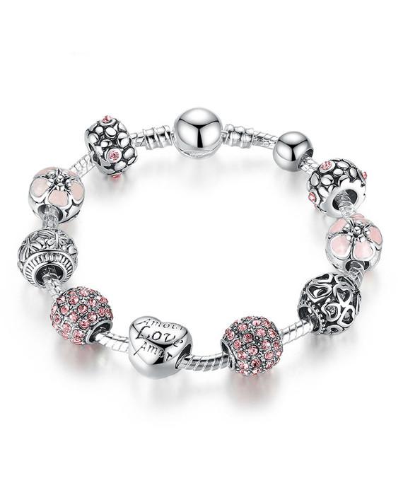 Silver Charm Bangle & Bracelet with Love and Flower Crystal Ball