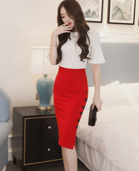 Sexy Midi OL Open Slit Button Slim Pencil Skirt