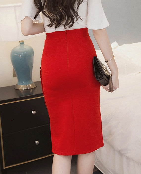 Sexy Midi OL Open Slit Button Slim Pencil Skirt