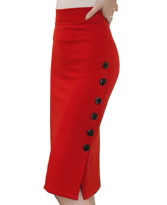 Sexy Midi OL Open Slit Button Slim Pencil Skirt