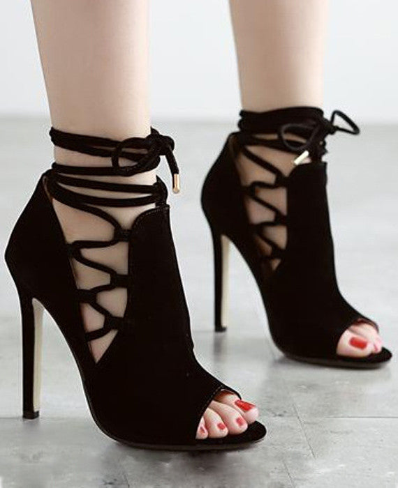 Roman Hollow Lace Up Thin High-heeled Sexy Sandals