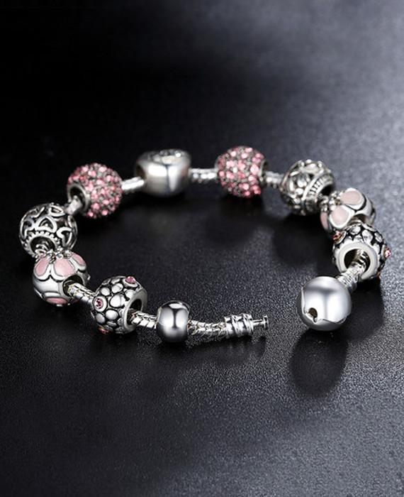 Silver Charm Bangle & Bracelet with Love and Flower Crystal Ball