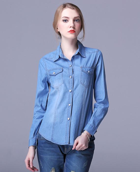 Long Sleeve Denim T-Shirt Turn Down Collar Tops