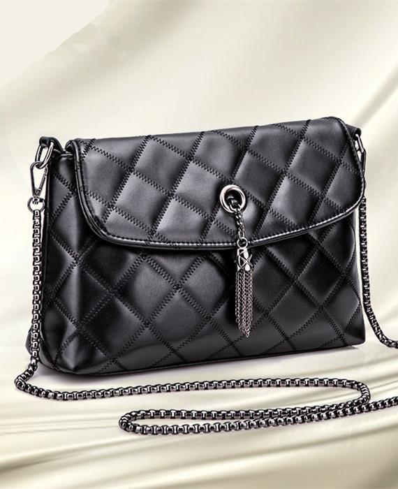 Classic Grid Chain Cowhide Leather Clutch Shoulder Bag