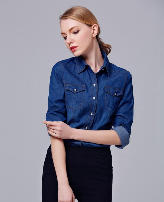 Long Sleeve Denim T-Shirt Turn Down Collar Tops