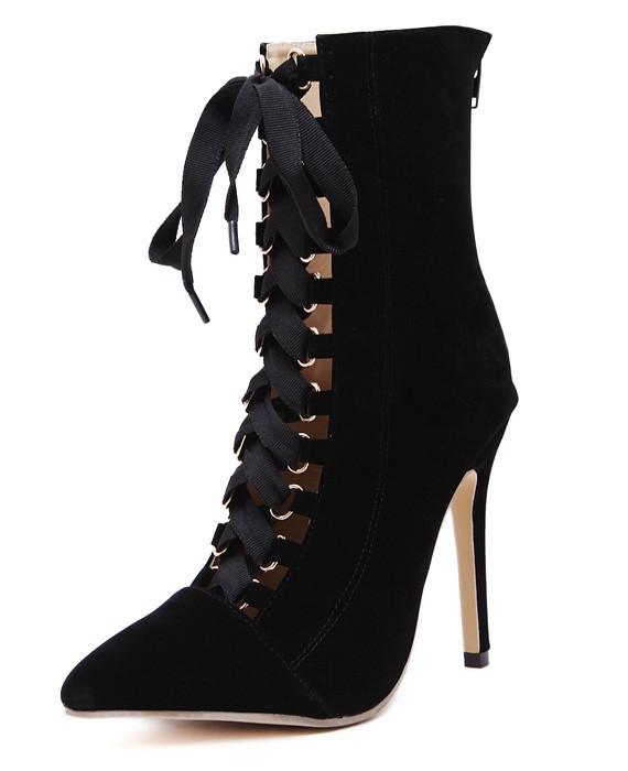 Lace Up Ankle Boots Pointed Toe High Heel Boots Black