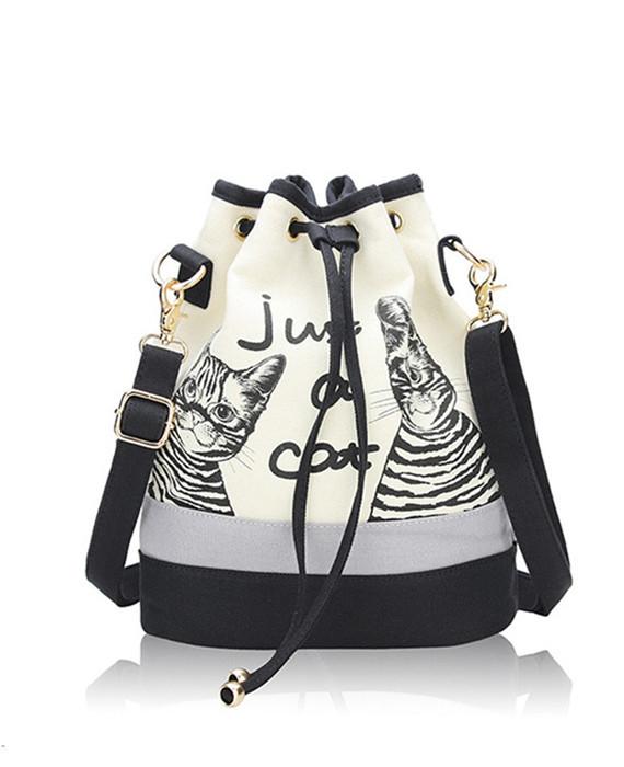 Retro Canvas Bucket Bags Cute Cat Print Shoulder Bag