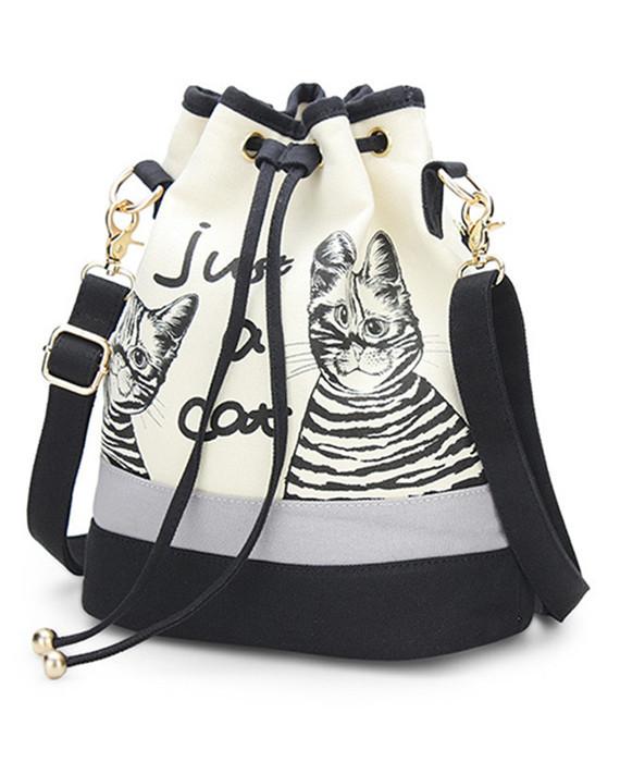 Retro Canvas Bucket Bags Cute Cat Print Shoulder Bag