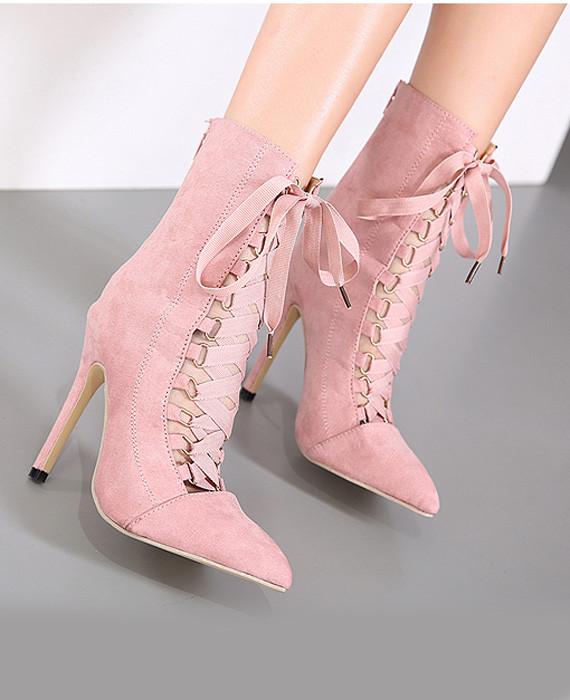 Lace Up High Heel Boots Pink