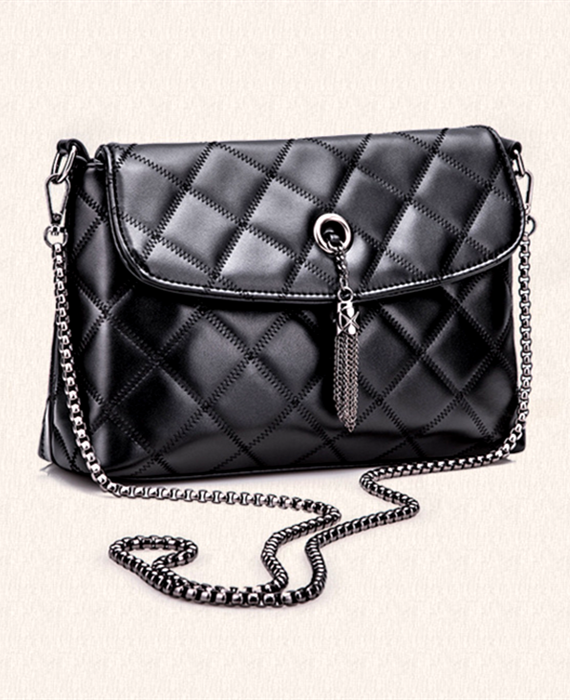 Classic Grid Chain Cowhide Leather Clutch Shoulder Bag
