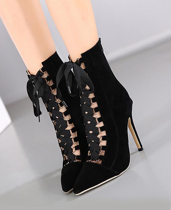 Lace Up Ankle Boots Pointed Toe High Heel Boots Black