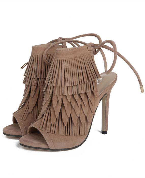 Suede Tassel Lace Up High Heel Sandals