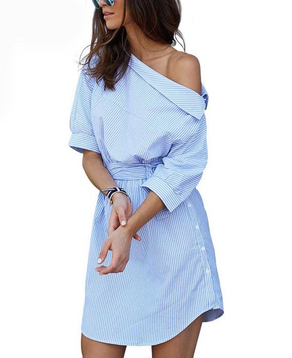 Blue Striped One Shoulder Dress Off the Shoulder Striped Dress