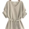 Linen Tunic Shirt V-Neck Big Bow Tie Loose Blouse