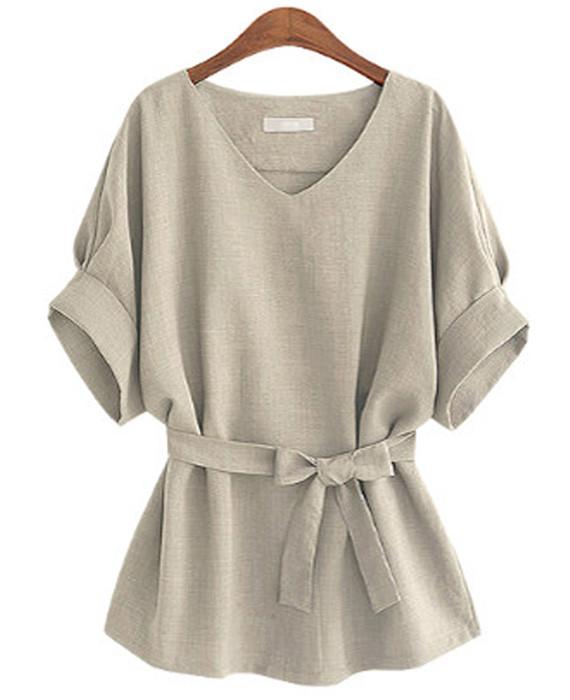Linen Tunic Shirt V-Neck Big Bow Tie Loose Blouse