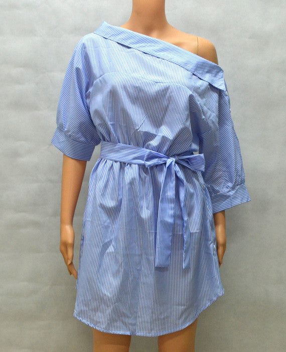 Blue Striped One Shoulder Dress-5