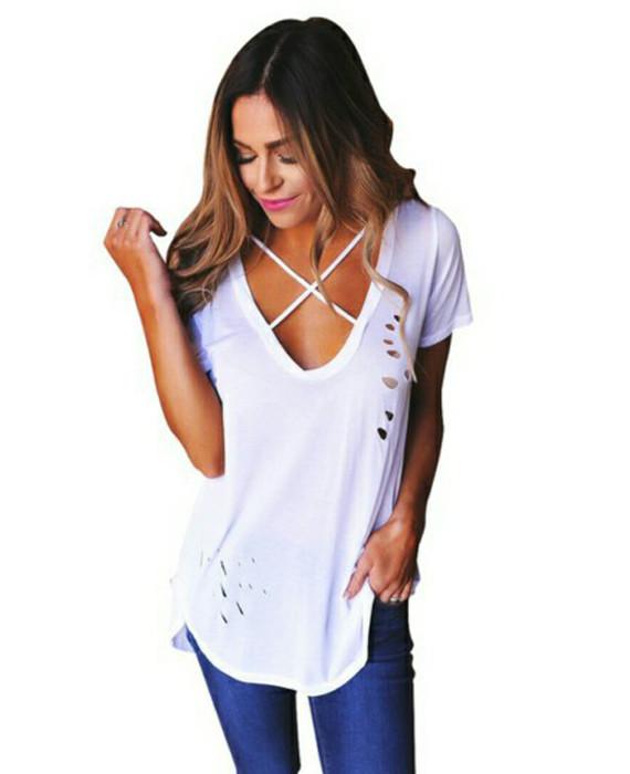 Deep V-Neck Short Sleeve Solid Color Hollow Tees