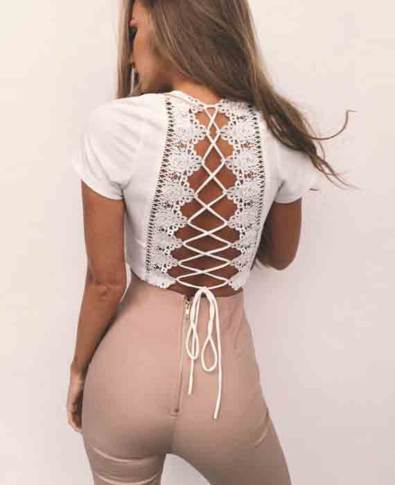 Back Bandage Hollow Out Lace V-neck Blouse