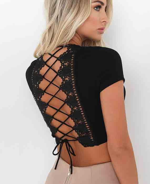 Back Bandage Hollow Out Lace V-neck Blouse