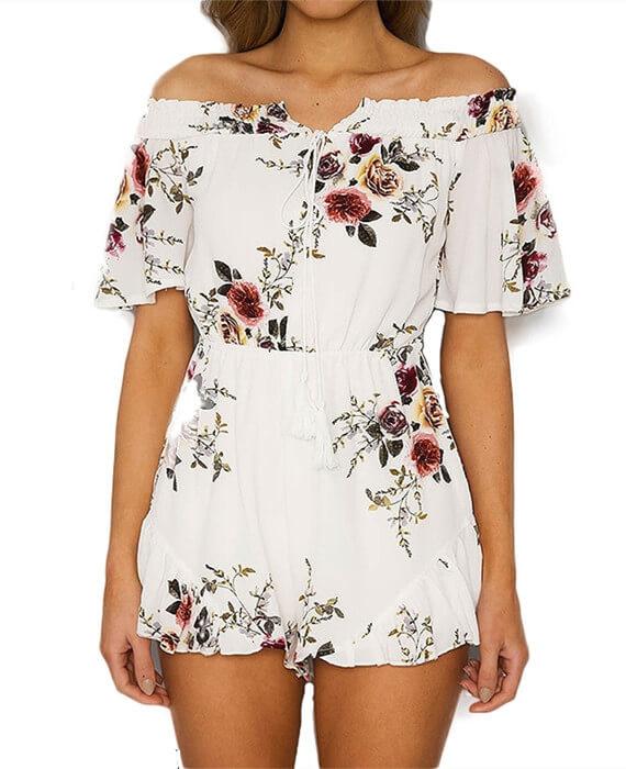 Off Shoulder Floral Overalls Jumpsuit Beach Shorts