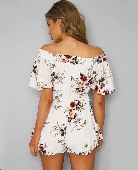 Off Shoulder Floral Overalls Jumpsuit Beach Shorts