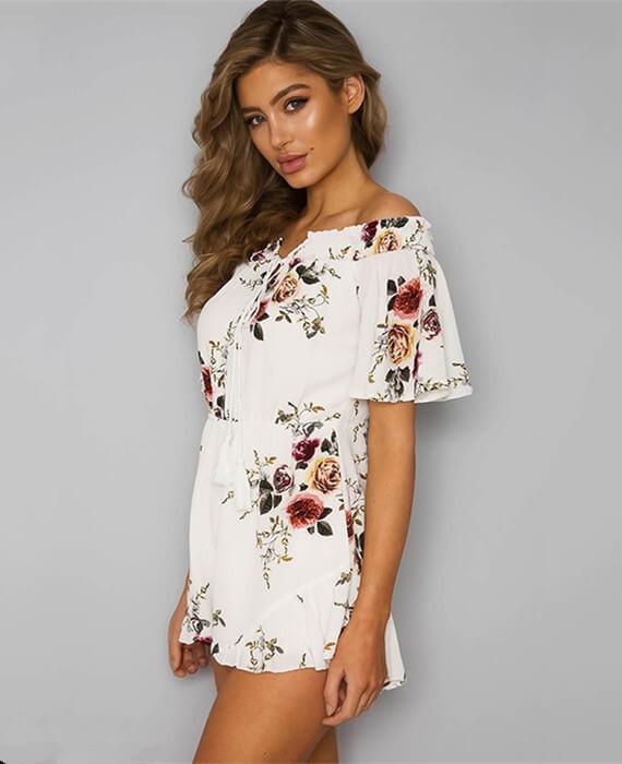 Off Shoulder Floral Overalls Jumpsuit Beach Shorts
