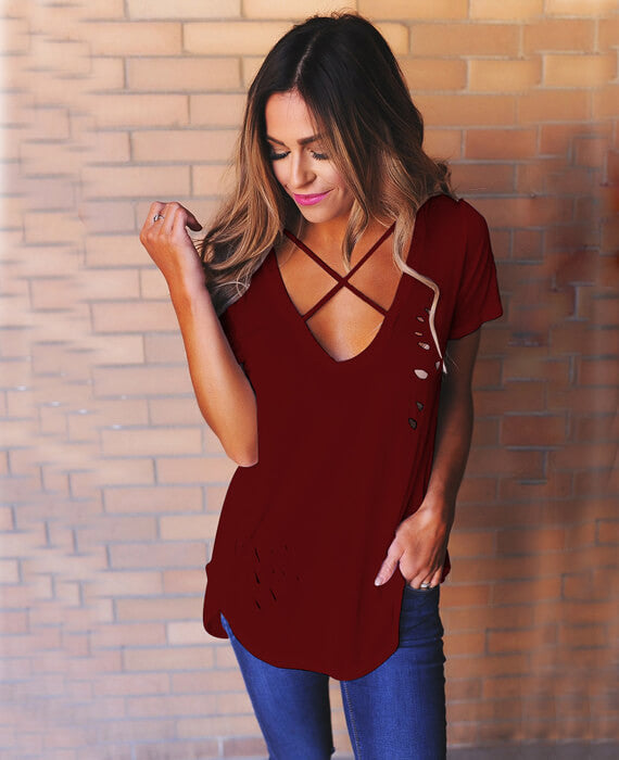 Deep V-Neck Short Sleeve Solid Color Hollow Tees