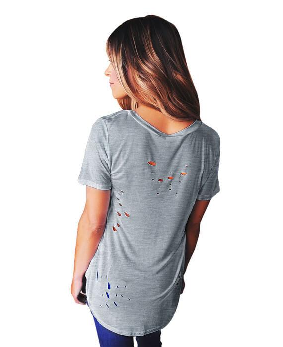 Deep V-Neck Short Sleeve Solid Color Hollow Tees
