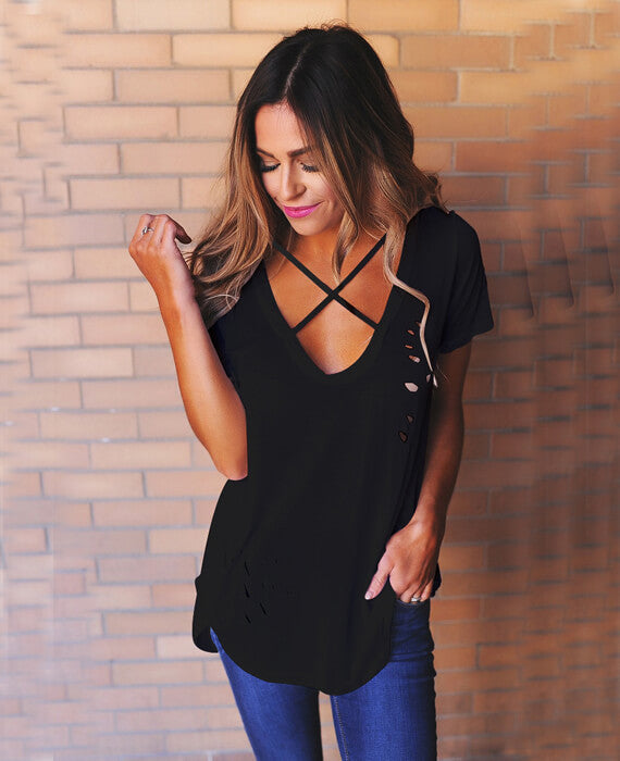 Deep V-Neck Short Sleeve Solid Color Hollow Tees