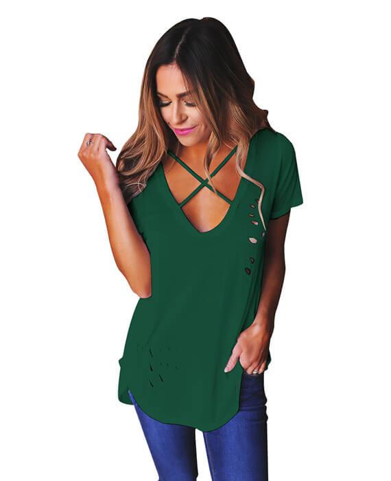 Deep V-Neck Short Sleeve Solid Color Hollow Tees