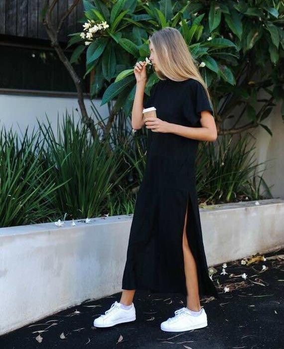 Summer Black Side High Slit Long Dress