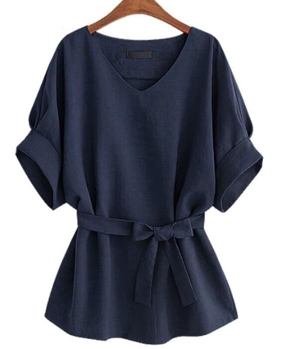 Linen Tunic Shirt V-Neck Big Bow Tie Loose Blouse