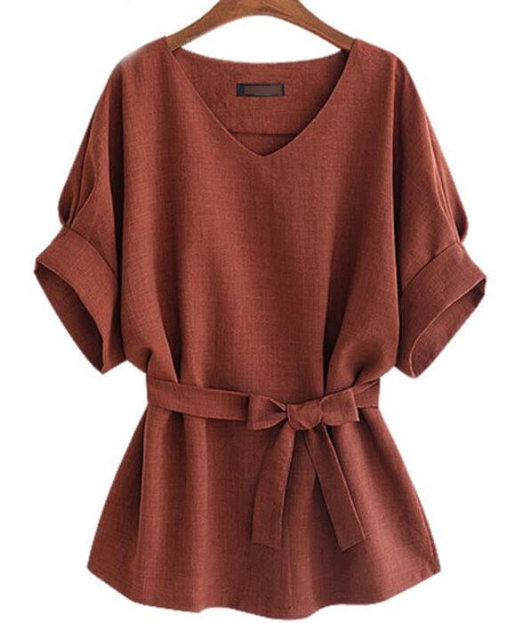Linen Tunic Shirt V-Neck Big Bow Tie Loose Blouse