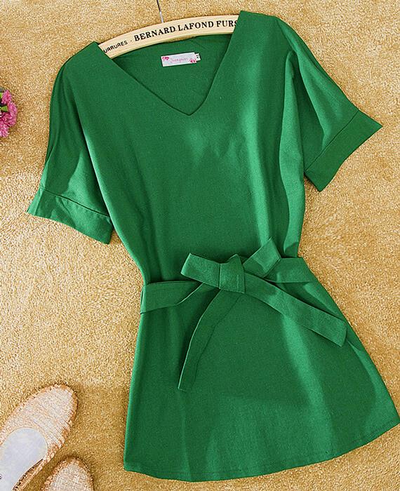 Linen Tunic Shirt V-Neck Big Bow Tie Loose Blouse