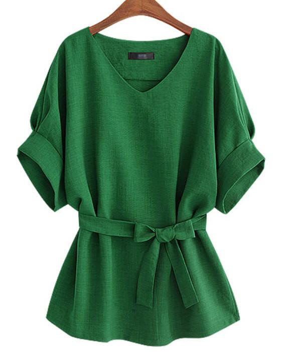 Linen Tunic Shirt V-Neck Big Bow Tie Loose Blouse